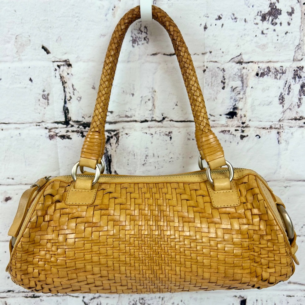 Cole Haan Woven Leather Baguette Bag Braided Handle Silver Hardware